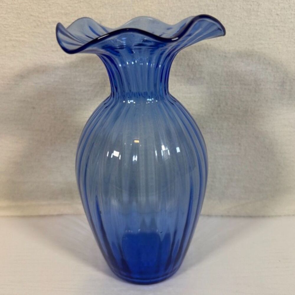 Vintage Blue Ribbed Glass Vase Ruffled Fluted Rim Optical Swirl 7.75"